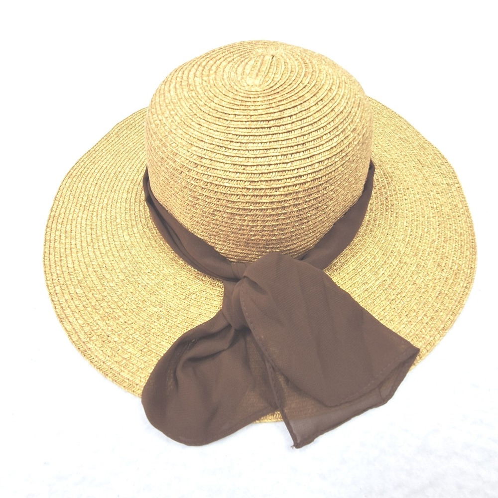D&Y Sun Hat Womens One Size Tan Brown Wide Brim Straw Chiffon Bow JCFP4586
